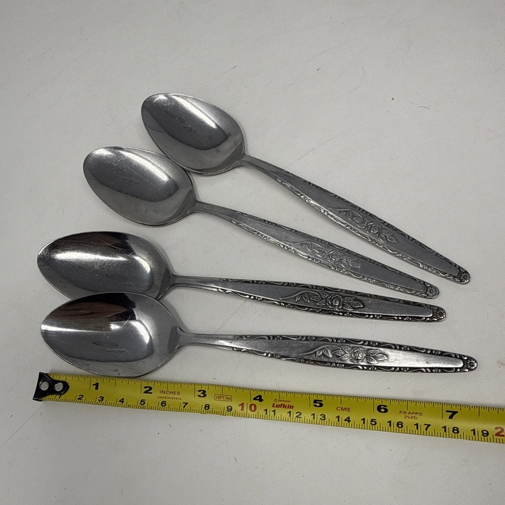 Vintage MCM Stainless Flatware Textured Rose Floral 4 Tablespoons Set Silverware - Picture 4 of 6